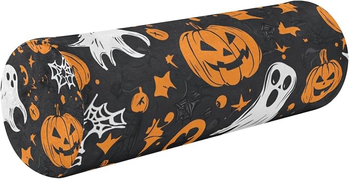 Gothic Funny Halloween Ghost and Pumpkins Neck Roll Pillow Bolster Round Health Memory Foam Long Cervical Cylinder Pillows with Removable Washable Cover for Body Bed Legs Back Yoga