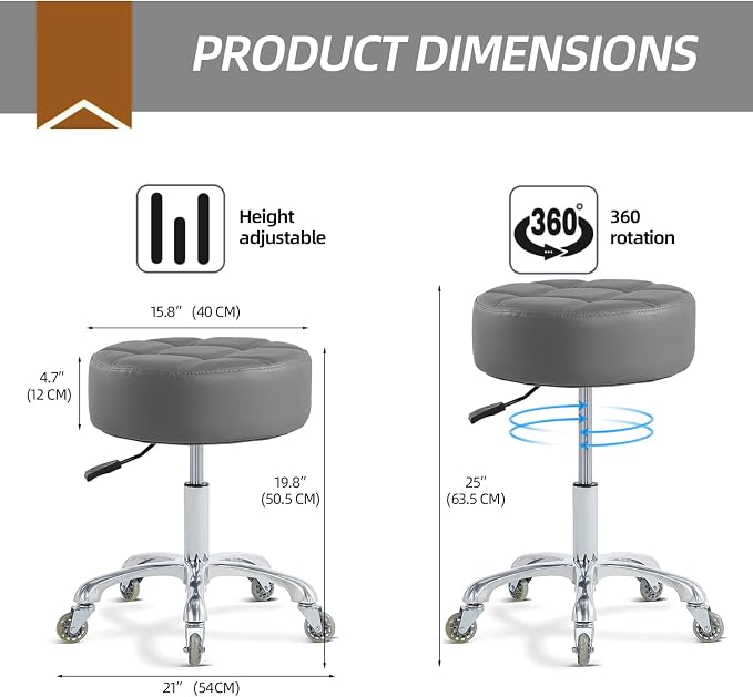 Ainilaily Rolling Stool with Wheels Adjustable Height, Roller Stool for Massage Medical Tattoo Spa Heavy Duty Swivel Desk (Super Thick Cushion, Grey)