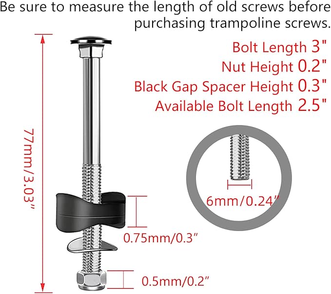 12 PCS Trampoline Screws, Long Screw Trampoline Replacement Parts, Anti-Loose Bolts and Nuts,Trampoline Accessories Stability Tool- 3"(Length)