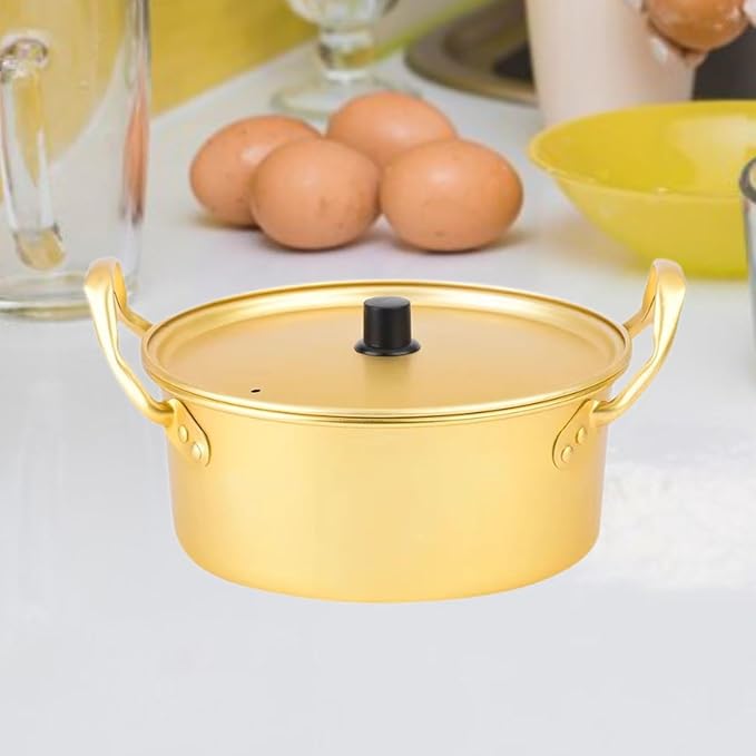 Korean Ramen Pot, 20cm Gold Aluminum, No Lid, Ideal for Ramen, Instant Noodles, Porridge, Soup, Griddle, Salad, Stew, Home, Kitchen, Travel, Camping, Outdoors, Picnic, Backyard Party