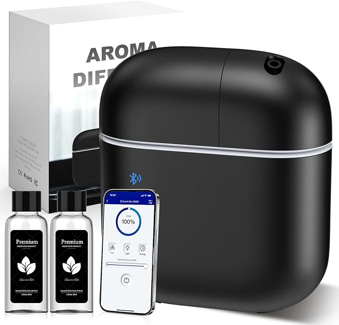 Hotel Scent Diffuser Kit for Home, Includes 2 Premium Oils, Waterless Essential Oil Aromatherapy Diffuser Cover 3500 Sq.ft. App Control,Powerful Nanotechnology System for Large Room Office Spa-Black