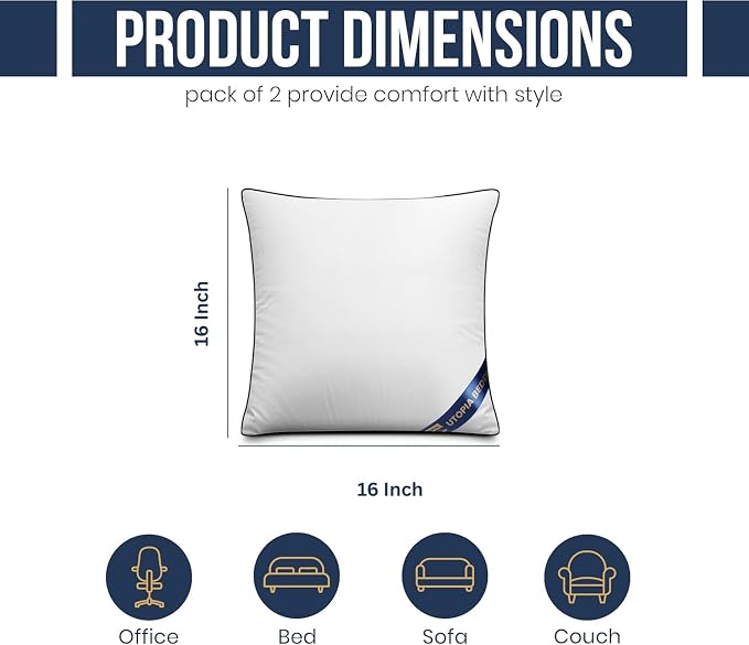Utopia Bedding 16x16 Throw Pillow Inserts, Decorative Pillows, Pack of 2 | Piping Throw Pillows, Plush & Supportive, Aesthetic Cushion Sham Stuffer for Sofa, Office, Couch & Bed, Set of 2, White