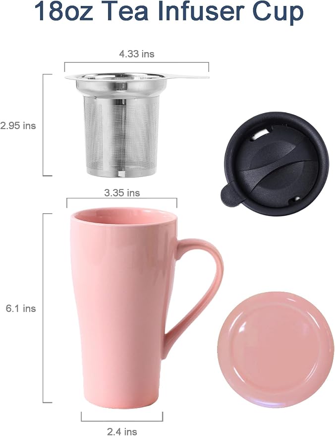 Tea Cup with Infuser and Lid, 18oz Large Tea Infuser Mug, Ceramic Loose Leaf Tea Mug with Strainer & Silicone Lid for Women, Man, Christmas, Gifts (Pink)