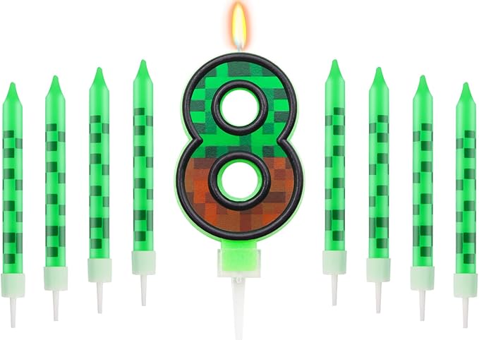 Pixels Themed 8th Birthday Candle, Pixels Cake Topper for Boys Girls, 9 Pcs Candle Set, Game Cartoon Theme Birthday Party Supplies (Number 8)