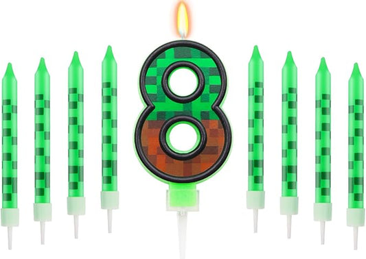 Pixels Themed 8th Birthday Candle, Pixels Cake Topper for Boys Girls, 9 Pcs Candle Set, Game Cartoon Theme Birthday Party Supplies (Number 8)