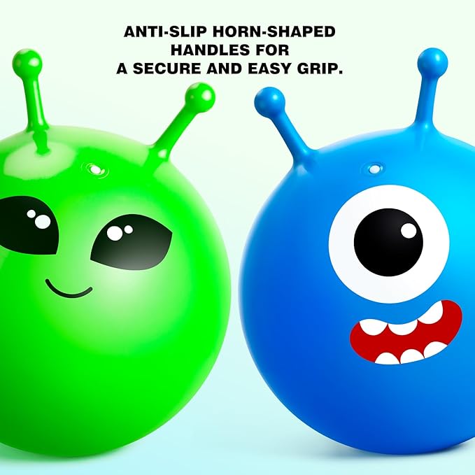 ZOOJOY Hopper Ball 2 Pack, 18In Bouncy Ball with Handle, Horn Hop Balls for Kids Ages 3-8, Alien & Blue Monster Hopping Toy Gifts for Boys & Girls, with Pump for Indoor Outdoor Play