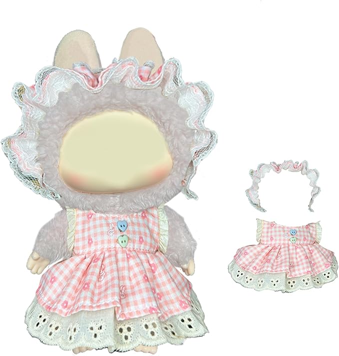 Doll Dress Set for 15-17cm Dolls, Cute Clothes for Dolls. Clothes Accessories for Doll Dress, Cute Miniature Clothes for Bag Charm, Photo Props, and Fashion Display. (Pink Checkered Dress)