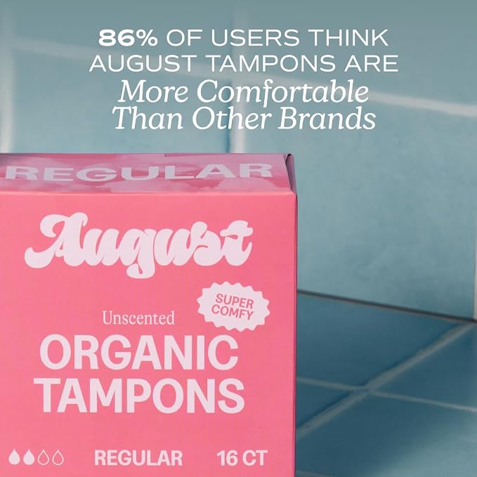 August Regular Tampons - Easy-Glide Long Applicators - 36-Pack 100% Organic Cotton Tampons for Women, Non-Toxic, Fragrance-Free, and Hypoallergenic