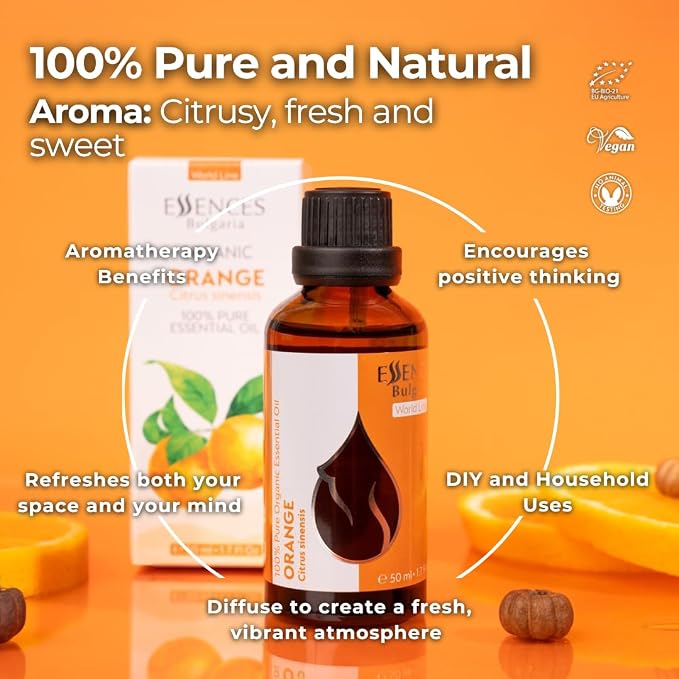 Essences Bulgaria Organic Orange Essential Oil 1.7 Fl Oz 50ml Citrus sinensis - 100% Pure and Natural Undiluted Therapeutic Grade Home Aromatherapy Humidifier Vegan Cosmetic Skincare Candles