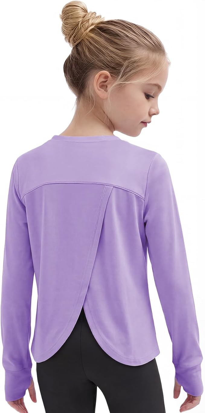 Gogokids Girls Shirts Long Sleeve Athletic Shirts Open Back Tops Active Sports Tshirts Yoga Workout Crop Tees 5-14 Years