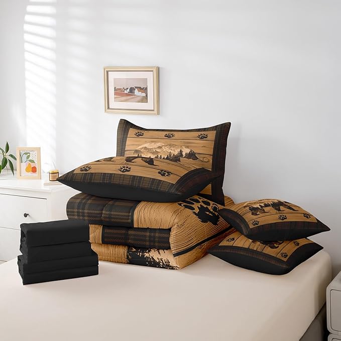 Feelyou Rustic Bear Comforter Set with Sheets Farmhouse Black Bear 7 Piece Bedding Set Full Size for Kids Boys Girls Forest Animal Wildlife Hunting Theme Bed in a Bag