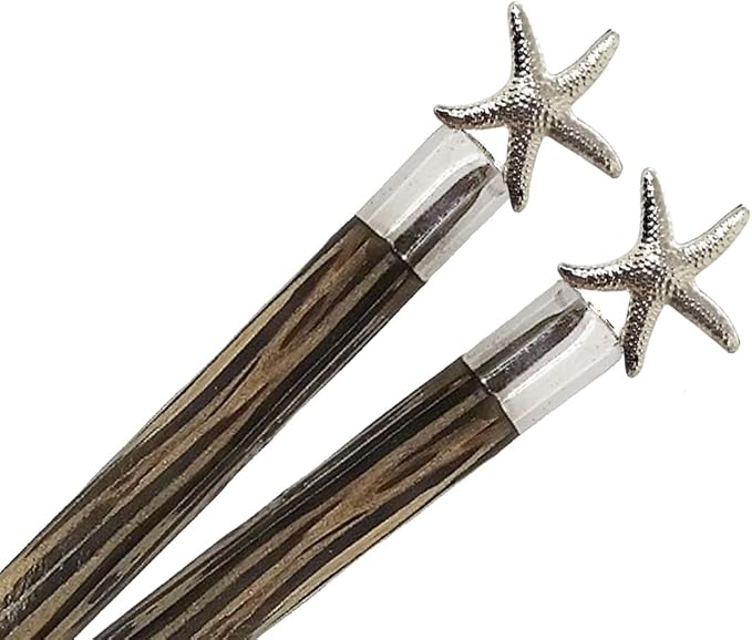 Wooden Chopsticks 9⅞" Coconut Palm Wood Chopstick With Metal Starfish Top Eating Utensils Oriental Cutlery Asian Tableware Decorative Dinnerware to Serve Chinese Japanese Korean Food