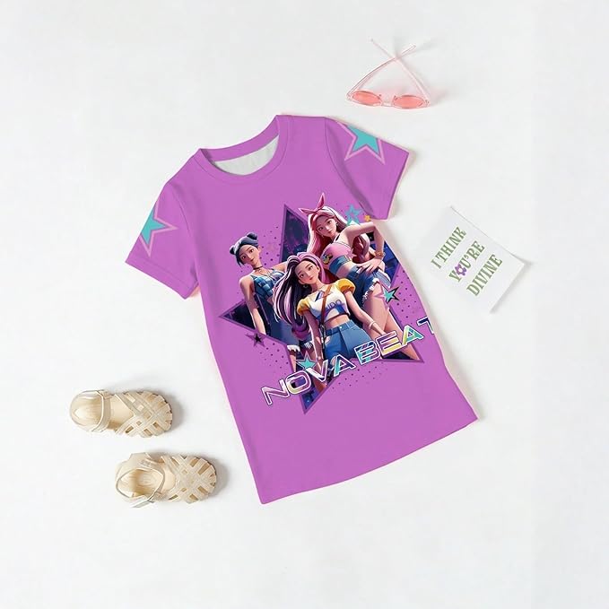 Girl's Anime K-POP Graphic Long Dress T-Shirt - Casual Loose Fit Short Sleeve Top