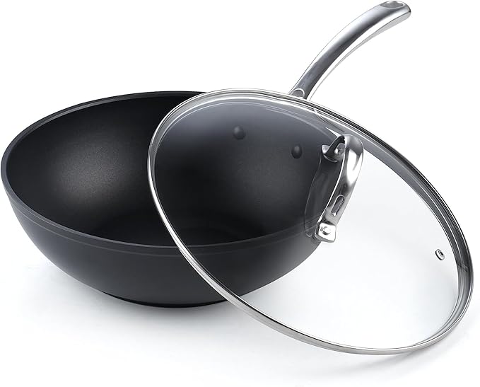 Cooks Standard Classic 11-Inch Hard Anodized Nonstick Wok Stir Fry Pan | 3-Qt Deep Frying Pan with Vented Glass Lid, Stay-cool Handle, Flat Bottom Wok fits most Stovetops, Not Induction