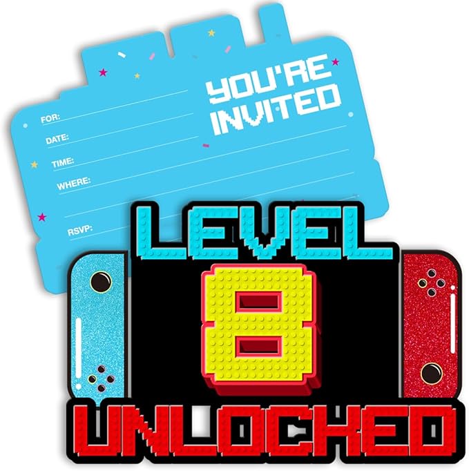 Video Game 8th Birthday Invitations Boy Glitter Video Game 8 Year Old Boys Birthday Party Shaped Invitations Invites with Envelopes, 20 Pack