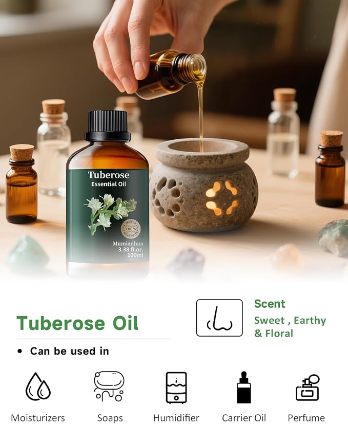 Tuberose Essential Oil, Floral Scent, Diffuser & DIY, 3.38 Fl Oz | Mumianhua Tuberose Oil. Creamy Aroma. For Diffuser, Perfume, Skin, Hair , Candle, Perfume Soap Making