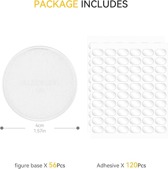 56PCS Figure Stand Base with 120PCS Adhesive for Fuko Pop, 1.57 Inch Clear Round Plastic Bases No Peg, Doll Model Storage Organizer Display Holder Accessories for Action Figures