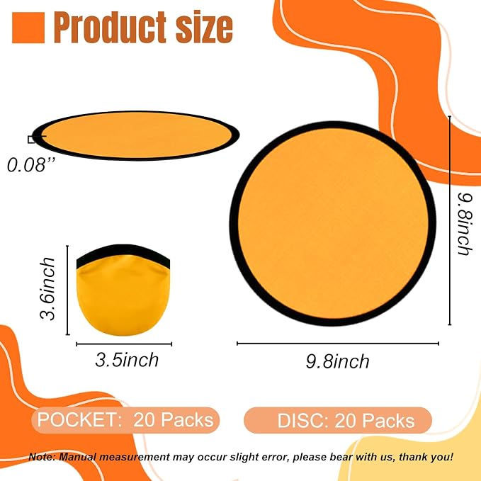 20PCS Foldable Flying Disc Fans with Bags, 9.8'' DIY Handheld Black Egde Fabric Folding Fan for Outdoor Game Activities Birthday Party Favors Gifts, Orange