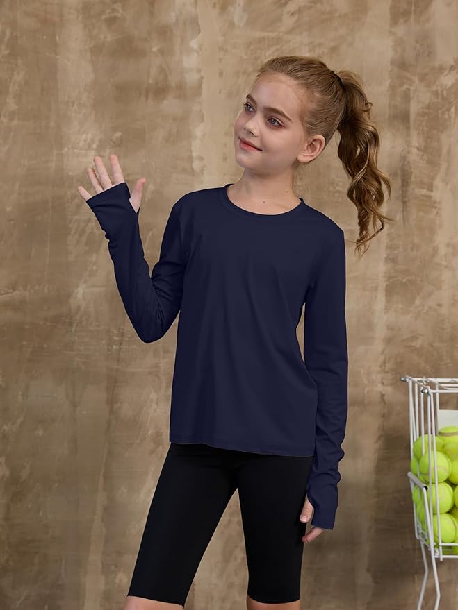 ZDC Girls Long Sleeve Athletic Shirts Kids Crewneck Quick Dry Workout Yoga Tops Basic Tees Activewear