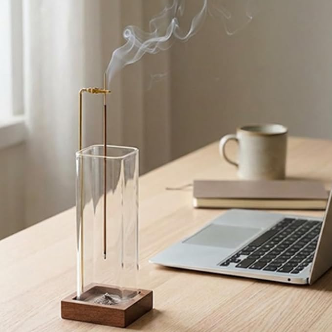 Ceremony Incense Holder,2 Pack Wood Incense Holder for Sticks with Glass Ash Catcher Ceremony Incense Holder