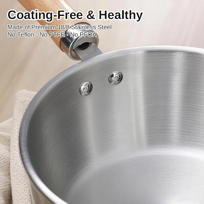 Korean Ramen Pot Set, 18/8 Stainless Steel Ramen Cooking Pot with Stainless Steel Lid, Coating-Free One-Person Dining Set, Wooden Handle Bowl, Fork Spoon Chopsticks&Sauce Dish, Safe for Gas Stove