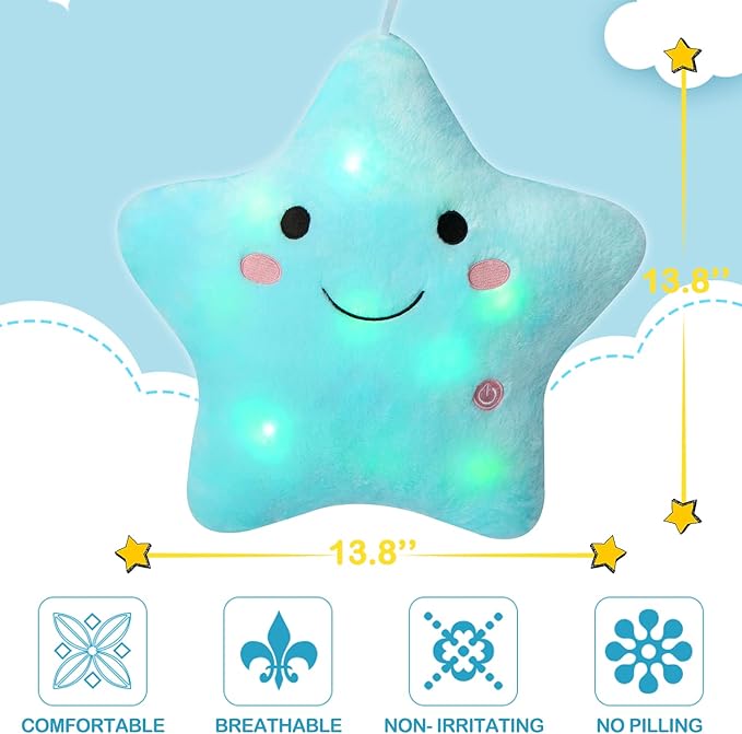DearSun Set of 2pcs, 13'' Creative Twinkle Star Colorful Night Light Plush Pillows Light up Night Stuffed Toys Perfect for Birthday Christmas Holiday Valentines(Blue+White)