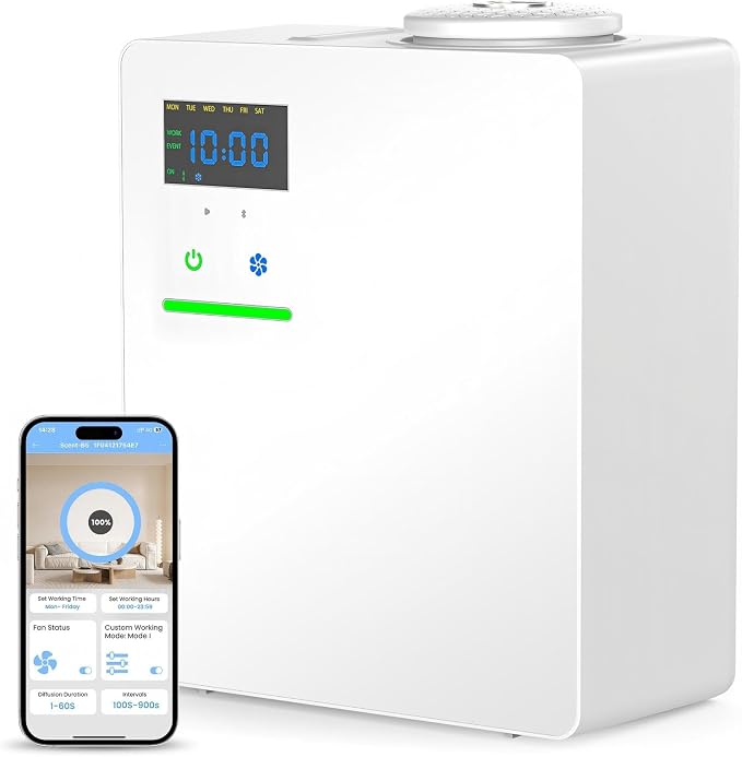 Waterless Essential Oil Diffuser 5000 Sq.Ft for Whole House, 200ml Cold Air Scent Machine with Bluetooth App Control, Quiet No-Heat HVAC Fragrance Diffuser for Home Hotel Office, White
