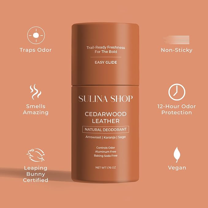 Sulina Shop Natural Deodorant, Aluminum Free, Cedarwood Leather | Warm cedarwood leather scent, Sensitive skin-friendly, Baking soda-free, Plant-based odor protection