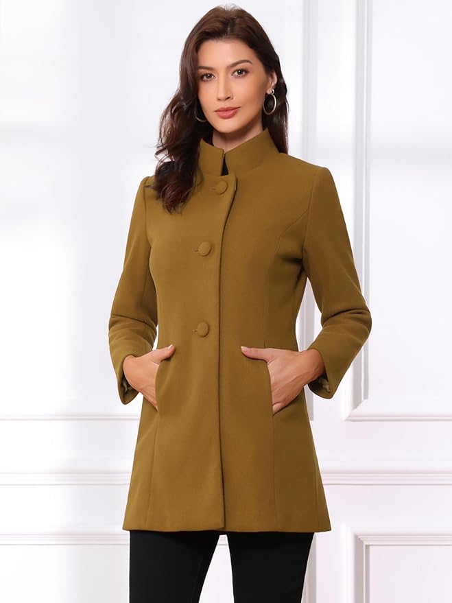 Allegra K Women's Winter Overcoat Mid-Long Stand Collar Single Breasted Coat Outerwear