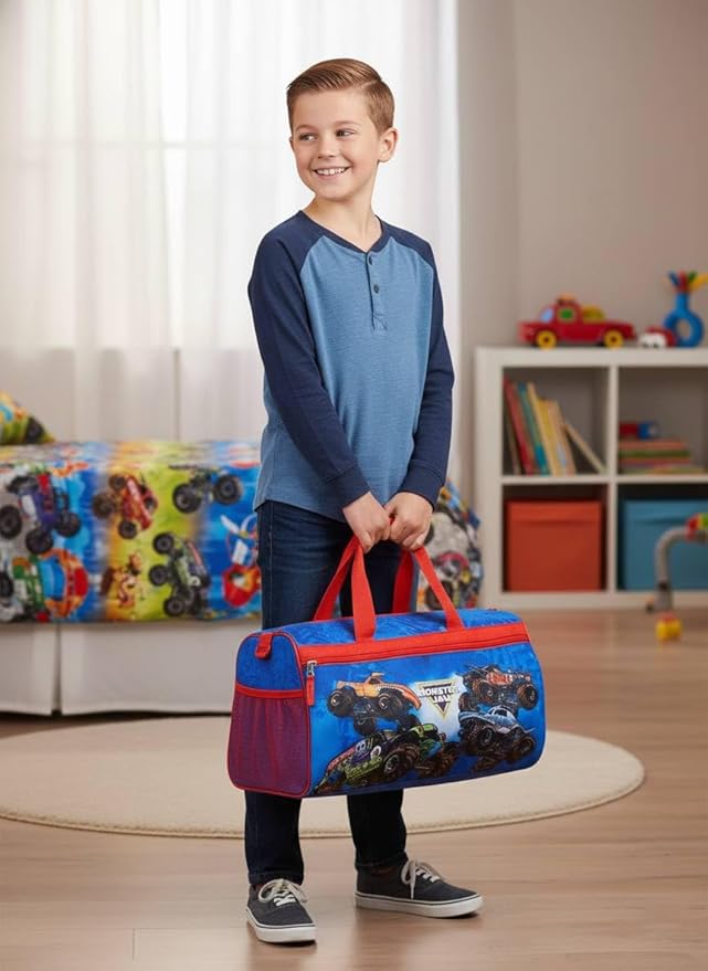 Monster Jam Kids’ Duffle Bag – Truck-Themed Travel Gym Bag with Adjustable Shoulder Strap, Mesh Side Pockets & Zipper Pocket