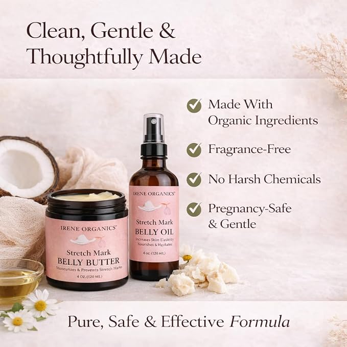 Belly Bundle by Irene Organics - Organic Belly Butter and Oil for Pregnancy Stretch Mark Prevention and Treatment - Award Winning Skincare For Pregnancy and Postpartum - Mother's Day Gift Set (Small)