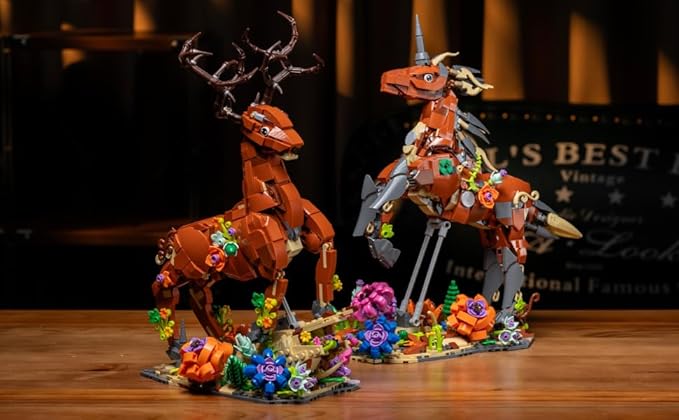 2 in 1 sika Deer&Unicorn Animals Building Decorations Set,Animal Blocks Flowering shrubsToys Suitable for Boys and Girls Age 6+ Year Old Desktop Decoration