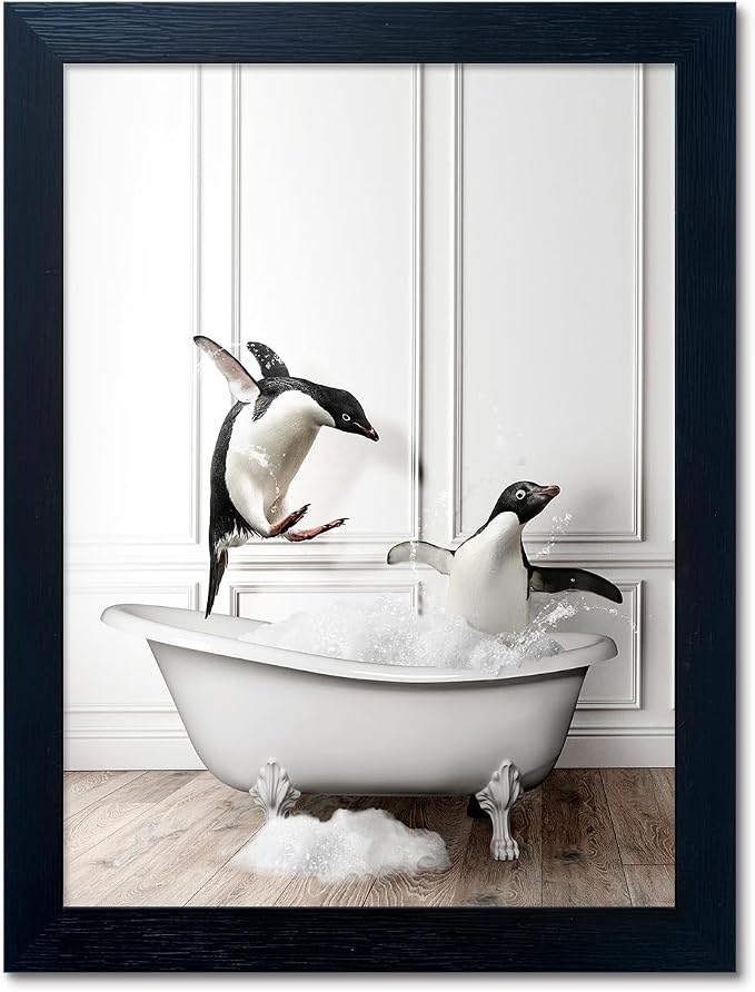 Kids Bathroom Wall Art Framed Black and White Animal Wall Art Cute Penguins in Bathtub Wall Decor Funny Farmhouse Print Pictures Painting for Bathroom