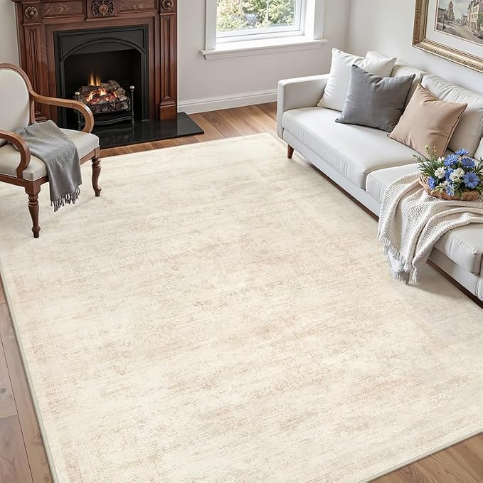 3x5 Area Rugs for Living Room: Vintage Boho Neutral Washable Rug Indoor Soft Large Area Rug Carpet for Bedroom Nursery Farmhouse Dining Room Office Floor Non-Slip Low Pile Under Table Rug Retro Beige