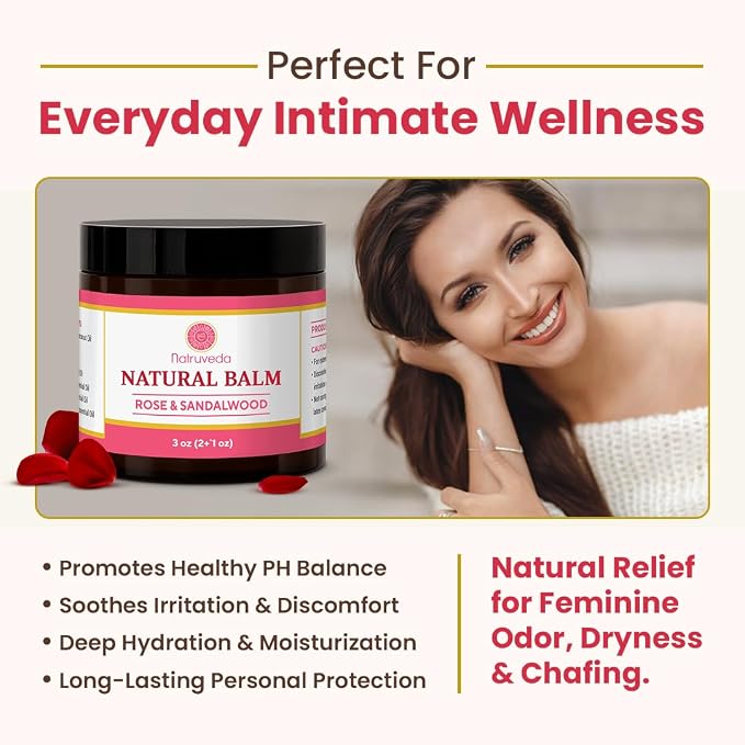 Natruveda Vulva Balm for Women – Rose & Sandalwood | USA-Based Seller | Feminine Moisturizer & Intimate Care Balm | Soothes Dryness, Itching, Chafing & Odor | External Hydration Cream – 3 oz