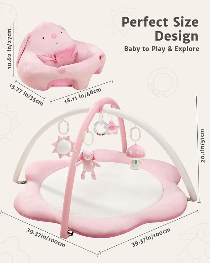 3-in-1 Baby Play Mat, Baby Seats for Infants for Sitting Up, Tummy Time Mat with 5 Detachable Toys, Activity Gym & Playmats for Babies 0-6 6-12 Months, Newborn Babies Shower Gifts