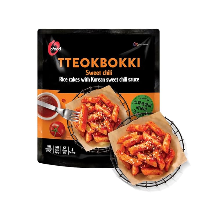 Tteokbokki Korean Rice Cakes – [Sweet Chili | Pack of 1] – Gluten Free | Ready in 3 Minutes | 0 Cholesterol/ 0 Trans Fat | 2 Servings Spicy Street Snack | Healthy/Savory/Spicy - O’food