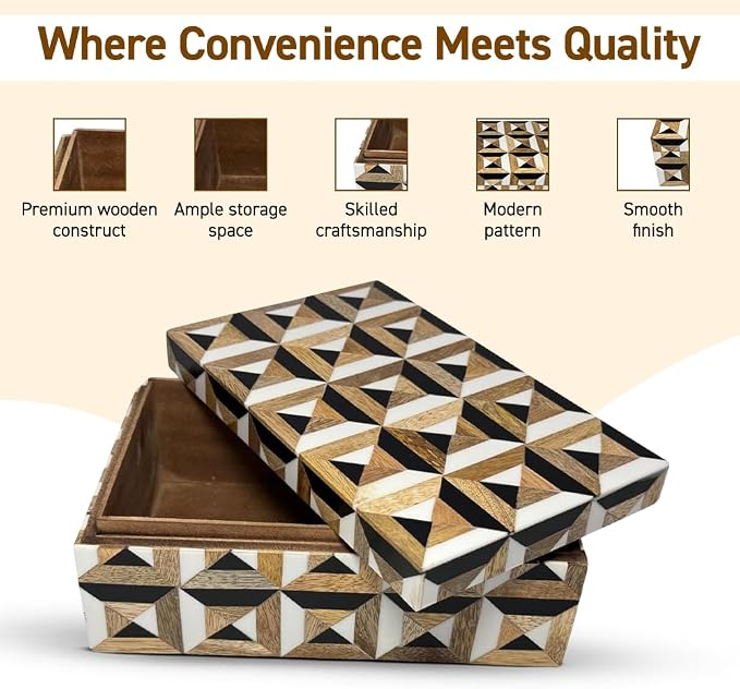 Perilla Home Home Decor Decorative Storage Wooden Box Small Era Organizer Tool Stash Card Craft Trinket Memory Keepsake Jewelry Box for Men and Women, Gifts For All, Brown, Black and Off White