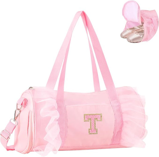 Personalized Initial Dance Bag for Girls 4-6, Small Lace Gym Sport Yoga Cheer Dance Bags Gift for Teen Girls, Cute Letter Kids Ballet Bag Toddler Travel Duffel Tote with Adjustable Straps(Pink-T)