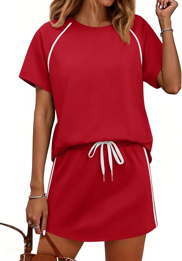 Womens 2 Piece Skirt Sets Summer Tennis Outfits Vacation Skort Set | Two Piece Sets, Short Set, Athletic Workout Golf Outfits, Crew Neck, Color Block, Drawstring, Workout Mathcing Lounge Sets