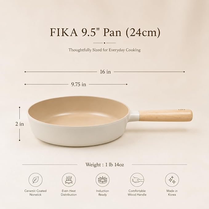 FIKA 9.5" Ceramic Coated Nonstick Frying Pan (24cm), Natural Wood Handle, Egg & Omelet Skillet for Sautéing and Everyday Cooking, All-Cooktop Compatible, Made in Korea