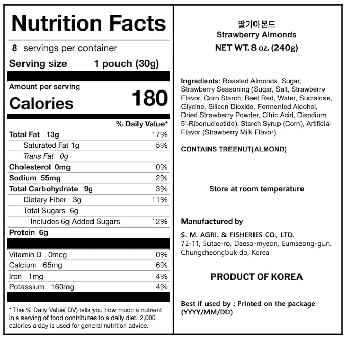 Korean Food Nuts Holic Strawberry Almond, Sweet Seasoned, Snack Mix, 8Pk | Sweet strawberry-flavored seasoned almond snack in convenient individual packs