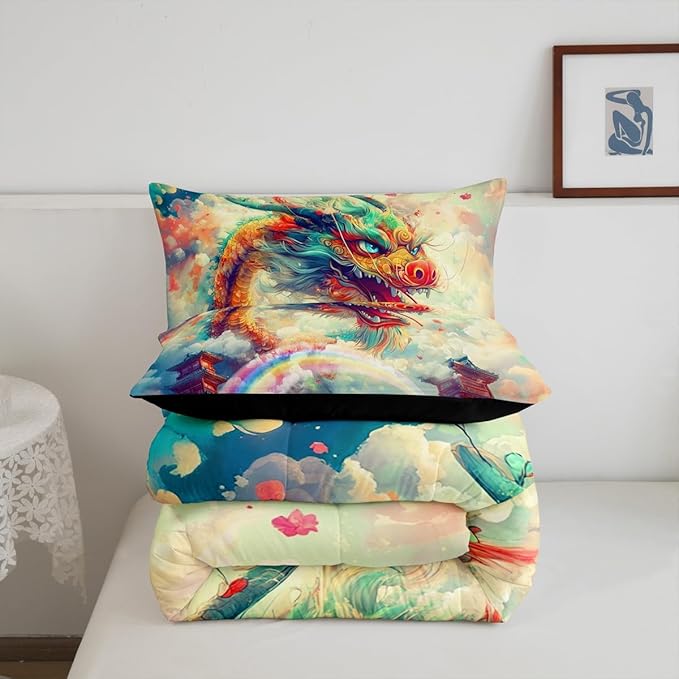 Feelyou Dragon Comforter Set Toddler Size Dragon Stuff Comforter for Boys Girls Teens Wild Life Bedding Set Dragon Decor Duvet Set Room Decor Rainbow Quilt Set