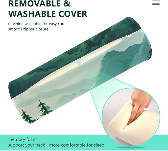 Mountain Forest Trees Green 02 Neck Roll Pillow Bolster Round Health Memory Foam Long Cervical Cylinder Pillows with Removable Washable Cover for Body Bed Legs Back Yoga