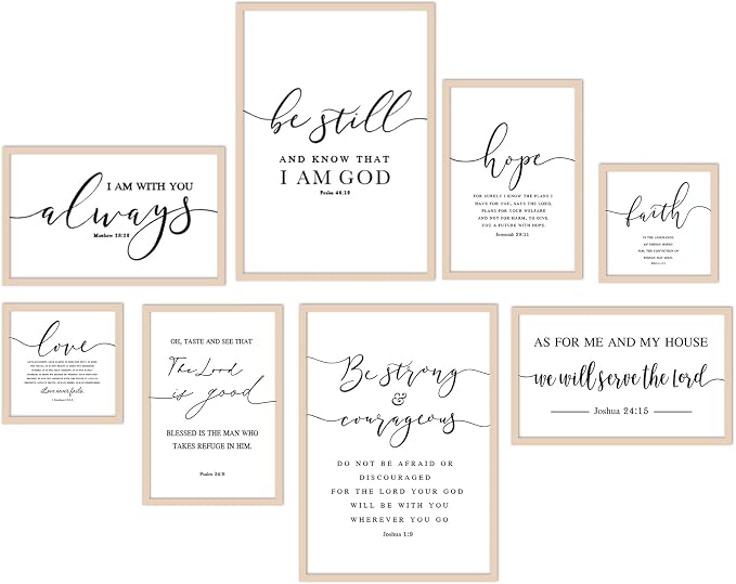 Faccito 8 Set Bible Christian Wall Art Framed, Wooden Decor | Religious Quotes Decor for Bedroom Office, Inspirational Scripture Wooden Art, Modern Framed Set for Home Classroom Work