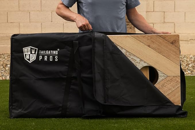 Tailgating Pros Cornhole Boards 4x2 Official Regulation Size – Wooden Design Cornhole Game Set with 8 Bean Bags, Carrying Case & Tote – Outdoor Tailgate Yard Game