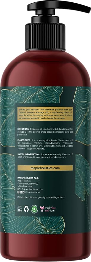 Sensual Couples Massage Oil - Tropical Full Body Oil with Jojoba, Coconut & Sweet Almond Plus Sore Muscle Relief with Rosemary - Non GMO, Gluten Free & Vegan
