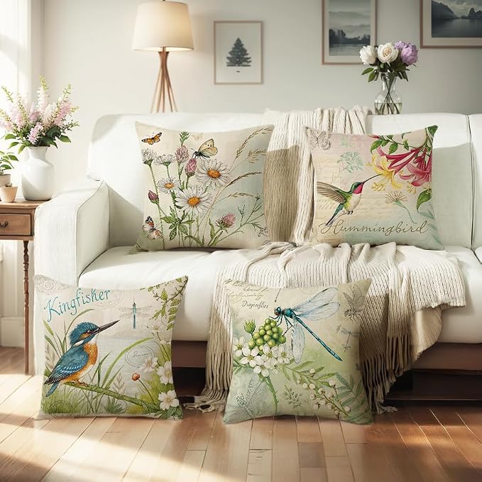 wyooxoo Throw Pillow Covers 18x18 Set of 4 Spring Summer Pillow Covers Flower Bird Farmhouse Outdoor Decorative Cushion Case for Sofa Couch Living Room