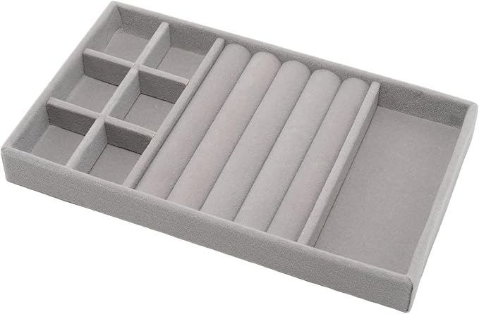 Velvet Jewelry Organizer Tray, Gray 3-in-1 | Stackable Jewelry Storage Display Tray with Removable Dividers for Drawer Dresser Cloest Organizer