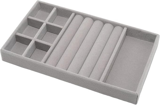 Velvet Jewelry Organizer Tray, Gray 3-in-1 | Stackable Jewelry Storage Display Tray with Removable Dividers for Drawer Dresser Cloest Organizer